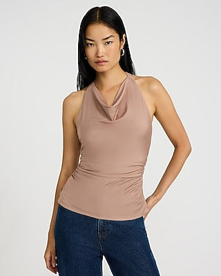 Express Women's Cowl Neck Chain Back Strap Tank Top in Mushroom