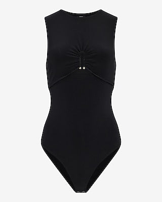 Express Women's Crew Neck Sleeveless U-Wire Bodysuit in Pitch Black