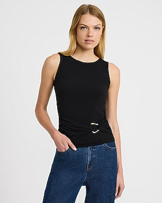 Express Women's Crew Neck Hardware Belted Ruched Waist Tank Top in Black Small