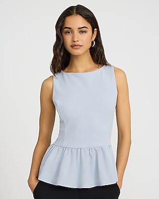 Express Women's Crepe Boat Neck Peplum Tank Top in Light Blue