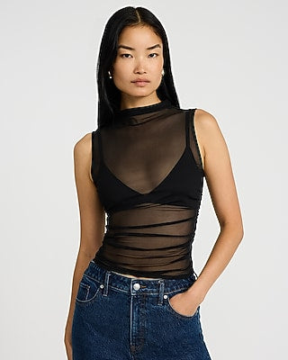Express Women's Mesh Mock Neck Ruched Tank Top in Black Small