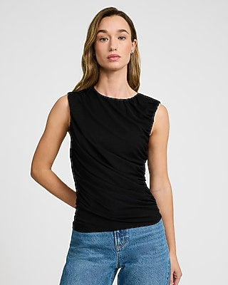 Express Women's Ruched Crepe Crew Neck Tank Top in Black Small