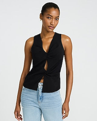 Express Women's Studio Stretch Crepe V-Neck Twist Front Tank Top in Pitch Black