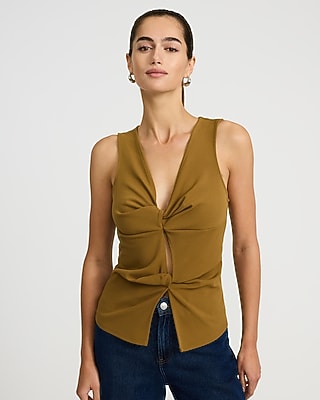 Express Women's Studio Stretch Crepe V-Neck Twist Front Tank Top in Brown Small