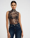 Express Women's Mesh Print Sleeveless Mock Neck Bodysuit in Leopard