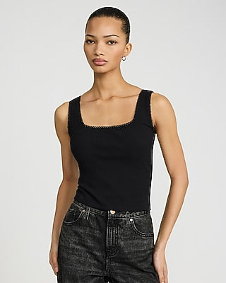 Express Women's Ribbed Pointelle Square Neck Tank Top in Black Small