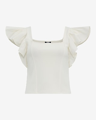 Express Women's Studio Stretch Crepe Mixed Media Square Neck Flutter Sleeve Tank Top in Ivory