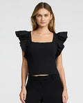 Express Women's Studio Stretch Crepe Mixed Media Square Neck Flutter Sleeve Tank Top in Black Small