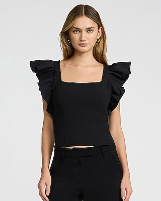 Express Women's Studio Stretch Crepe Mixed Media Square Neck Flutter Sleeve Tank Top in Black Small