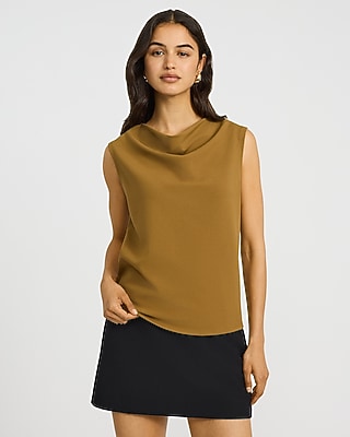 Express Women's Studio Stretch Crepe Cowl Neck Tank Top in Brown Small