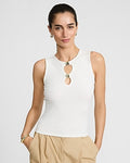 Express Women's Fitted Ribbed Gold Hardware Cutout Crew Neck Tank Top in White Small