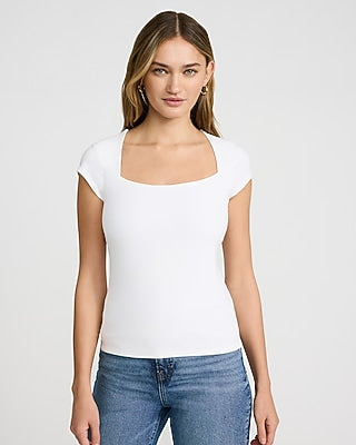 Express Women's Body Contour Light Compression Stretch Cotton Cap Sleeve T-Shirt in White Small
