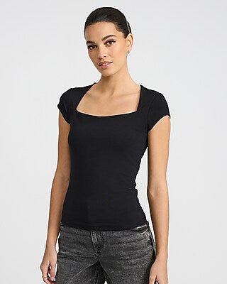 Express Women's Body Contour Light Compression Stretch Cotton Cap Sleeve T-Shirt in Pitch Black