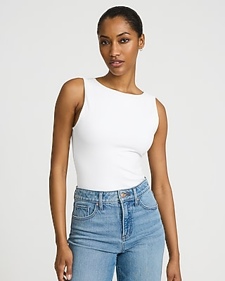 Express Women's Body Contour Light Compression Stretch Cotton Boat Neck Scoop Back Bodysuit in White Small