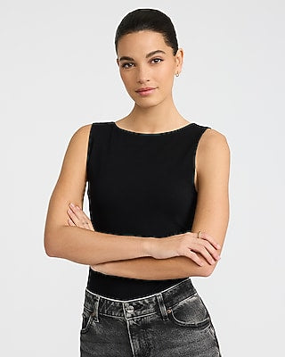 Express Women's Body Contour Light Compression Stretch Cotton Boat Neck Scoop Back Bodysuit in Black Small