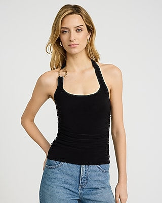 Express Women's Matte Jersey Halter Hardware Ruched Tank Top in Black Small
