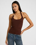 Express Women's Matte Jersey Halter Hardware Ruched Tank Top in Rich Mocha