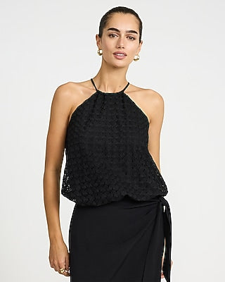 Express Women's Crochet Halter Neck Bubble Cami in Black Small