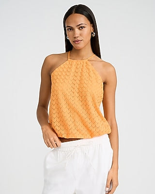 Express Women's Crochet Halter Neck Bubble Cami in Orange Small