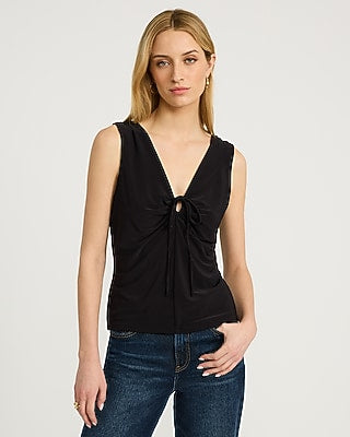 Express Women's V-Neck Ruched Tie Front Keyhole Tank Top in Black Small