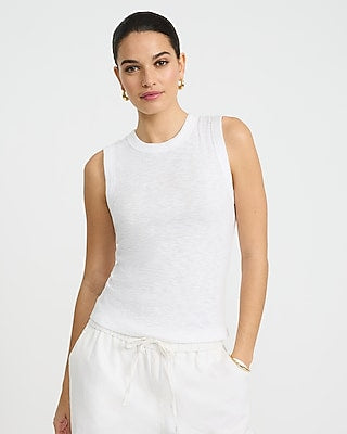 Express Women's Fitted Ribbed Crew Neck Tank Top in White Small