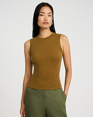 Express Women's Fitted Ribbed Crew Neck Tank Top in Brown Small