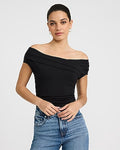Express Women's Off The Shoulder Crossover Front Pleated Top in Black Small