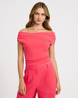 Express Women's Off The Shoulder Crossover Front Pleated Top in Pink Small