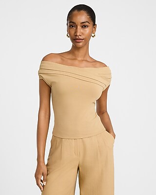Express Women's Off The Shoulder Crossover Front Pleated Top in Brown Small