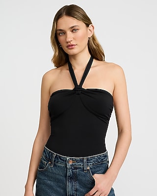 Express Women's Tie Halter Neck Sleeveless Knot Bodysuit in Pitch Black