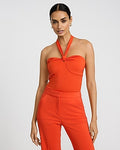 Express Women's Tie Halter Neck Sleeveless Knot Bodysuit in Orange Small