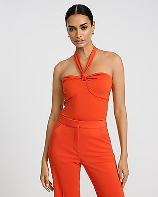 Express Women's Tie Halter Neck Sleeveless Knot Bodysuit in Orange Small