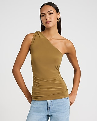 Express Women's One Shoulder Knot Ruched Tank Top in Brown Small