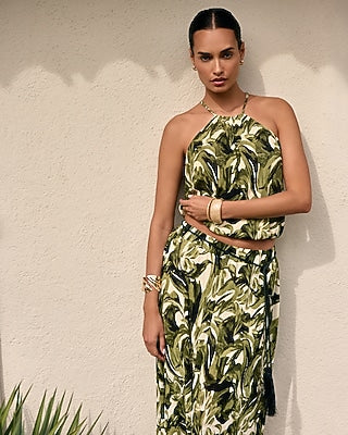 Express Women's Textured Printed Halter Neck Bubble Cami in Green Small