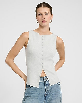 Express Women's Ribbed Boat Neck Button Front Knit Tank Top in Gray Small