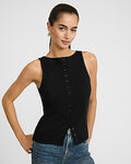 Express Women's Ribbed Boat Neck Button Front Knit Tank Top in Pitch Black