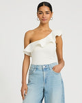Express Women's Stretch Cotton Ribbed One Shoulder Ruffle Bodysuit in White Small