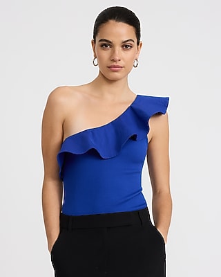 Express Women's Stretch Cotton Ribbed One Shoulder Ruffle Bodysuit in Cobalt Blue