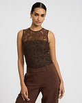 Express Women's Lace Crew Neck Sleeveless Bodysuit in Chestnut Brown