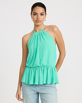 Express Women's Textured Tie Halter Peplum Cami in Green Small