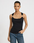 Express Women's Stretch Cotton Ribbed Novelty Hardware Strap Tank Top in Pitch Black
