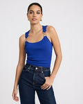 Express Women's Stretch Cotton Ribbed Novelty Hardware Strap Tank Top in Blue Small
