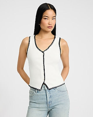 Express Women's Ribbed Button Front Contrast Stitch Trim Knit Vest in White Small