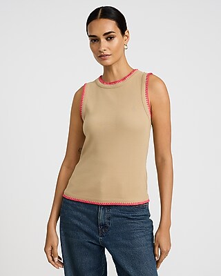 Express Women's Ribbed Crew Neck Contrast Stitch Trim Tank Top in Brown Small