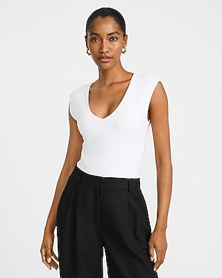 Express Women's Body Contour Light Compression Stretch Cotton V-Neck Cap Sleeve Bodysuit in White Small