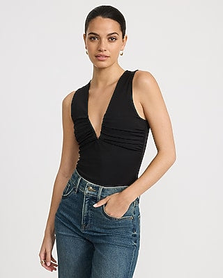 Express Women's Body Contour High Compression V-Bar Ruched Bodysuit in Pitch Black