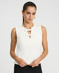 Express Women's Signature Ponte Notch Neck Bow Front Tank Top in Ivory