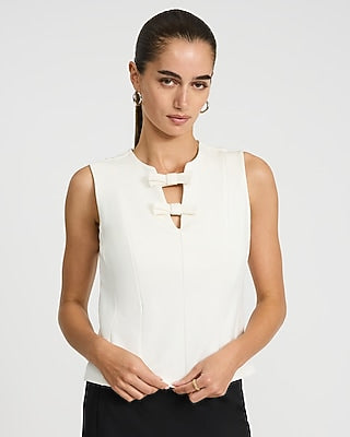 Express Women's Signature Ponte Notch Neck Bow Front Tank Top in Ivory