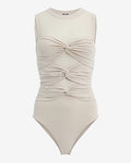 Express Women's Fitted Mesh Crew Neck Twist Front Bodysuit in Warm Ivory