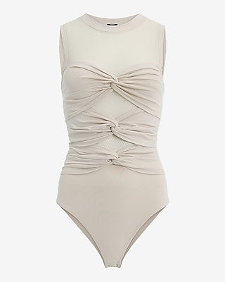 Express Women's Fitted Mesh Crew Neck Twist Front Bodysuit in Warm Ivory